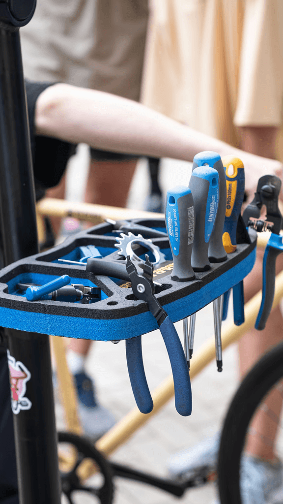 Bicycle repair tools on a rack